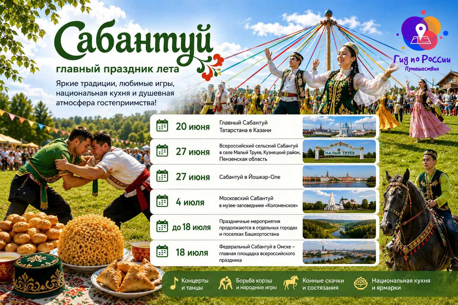 От Казани до Омска: где проходит Сабантуй в 2026 году

Сабантуй — один из самых ярких национальных п