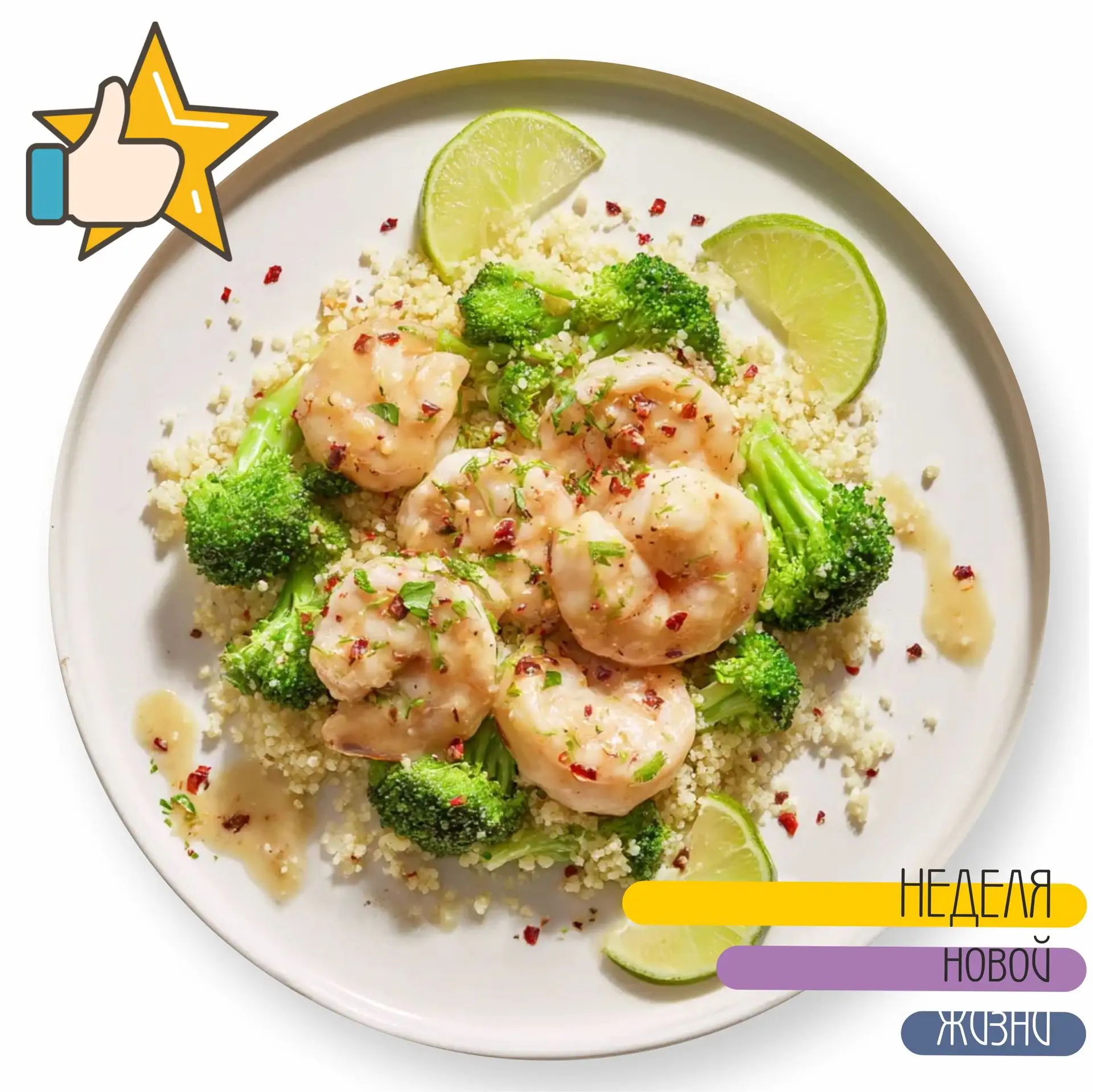 🍽 Креветки в чесночно-лаймовом масле с булгуром и хрустящей брокколи