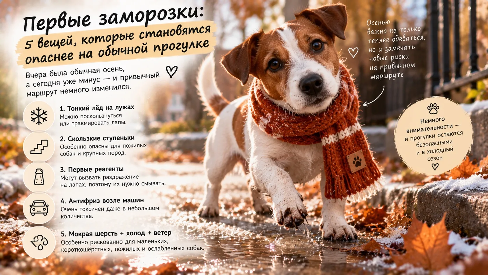 Первые заморозки: 5 вещей, которые внезапно становятся опаснее на обычной прогулке ❄️🐾
