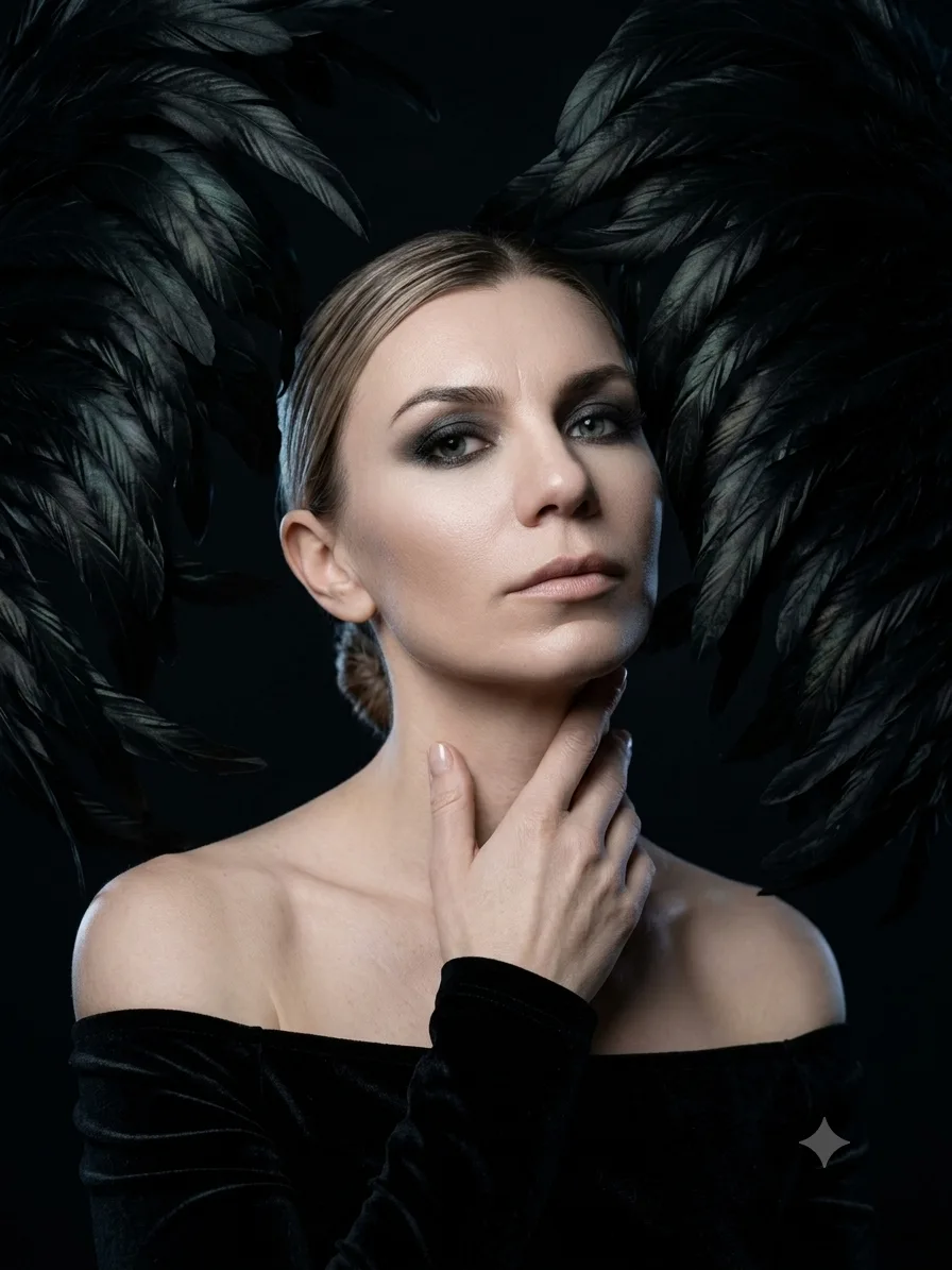 Создай фотореалистичный глубокий dark beauty-портрет, полностью сохранив внешность девушки с загруже