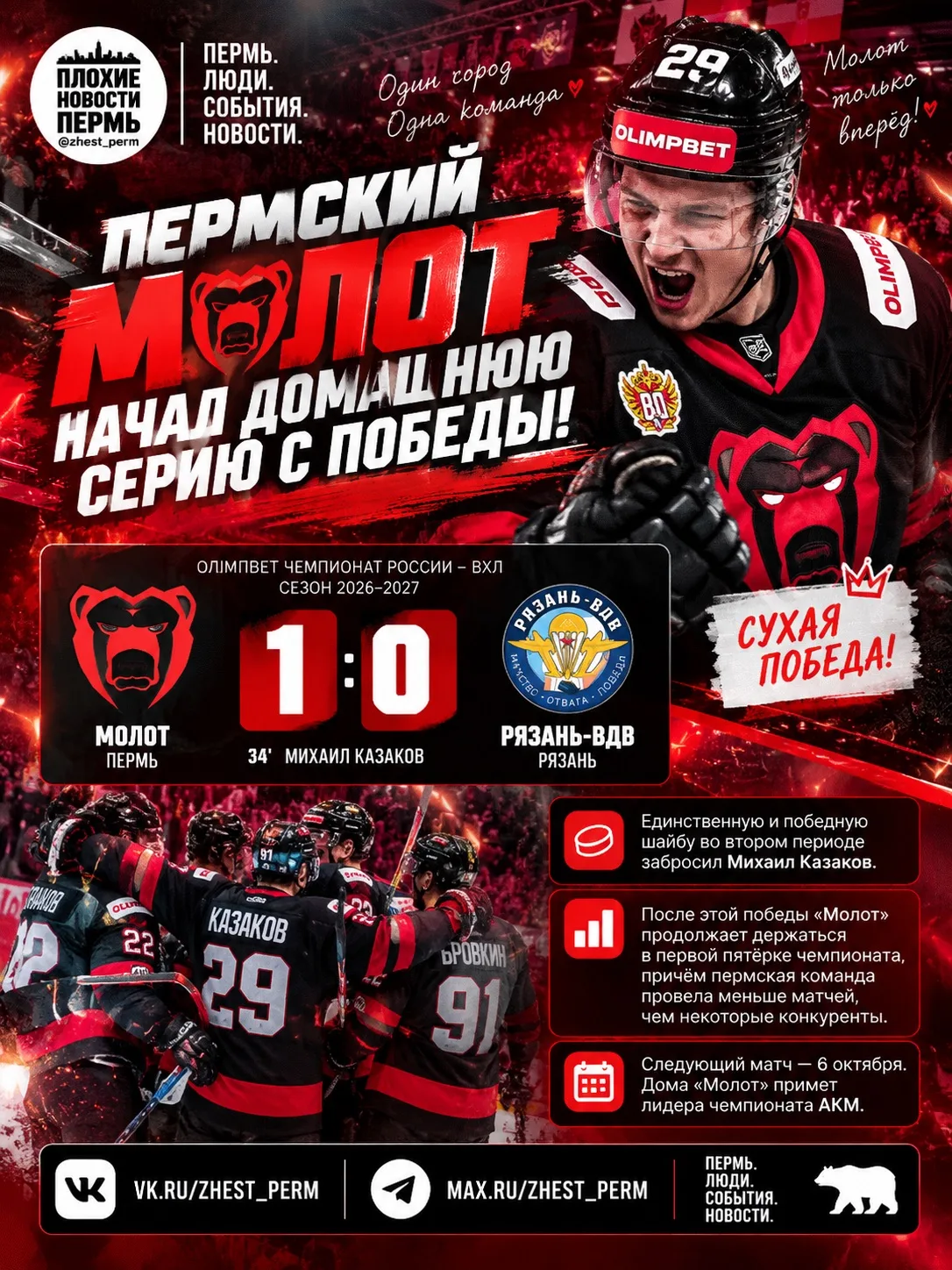 🏒 Пермский «Молот» начал домашнюю серию с сухой победы!