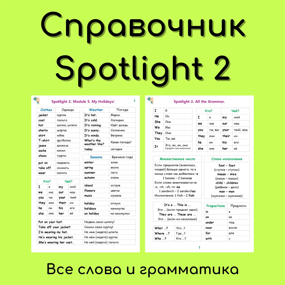 Краткий справочник по Спотлайт 2 формата А4:
✔ Списки лексики и грамматики к каждому модулю в пяти в