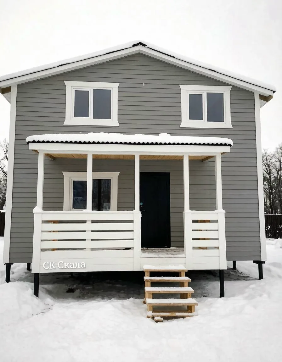 Каркасный дом полтора этажа 8х8 м с крыльцом 4х2 м.