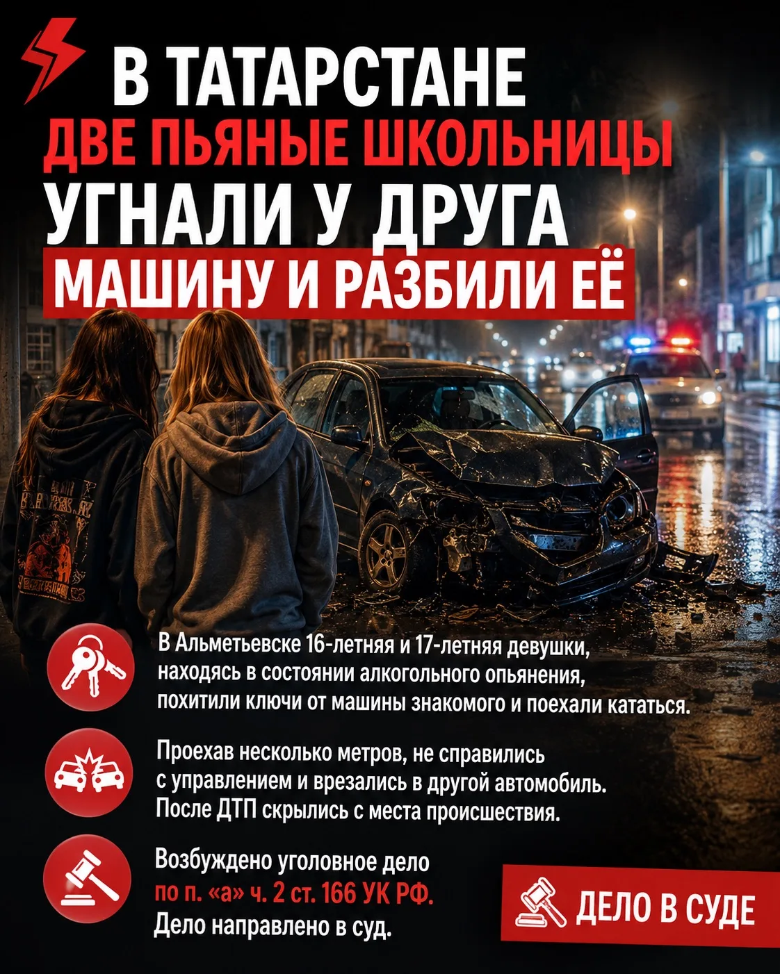 ⚡️ В Татарстане две школьницы угнали машину друга и разбили её