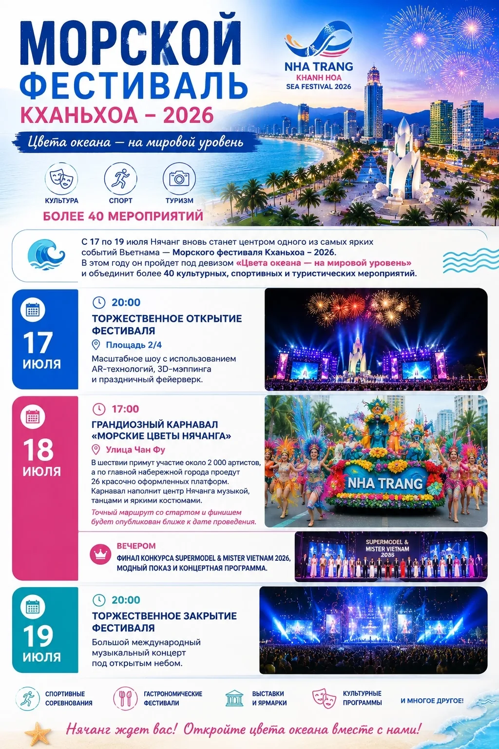 Уже совсем скоро! 

С 17 по 19 июля — главный Морской фестиваль Кханьхоа 2026. 40+ мероприятий, карн