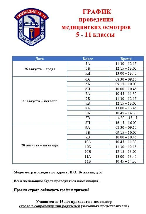 График медосмотра ГБОУ Гимназии №11