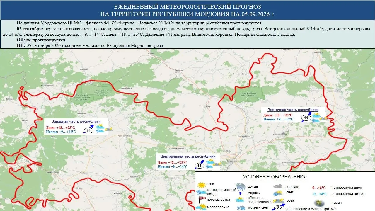 🌦 5 сентября в Мордовии переменная облачность, ночью преимущественно без осадков, днем...