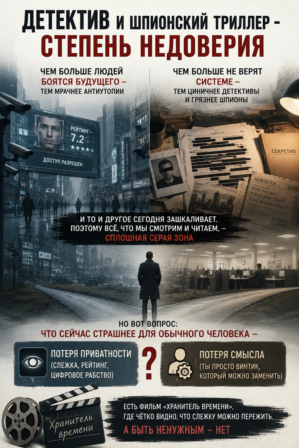 Детектив и шпионский триллер — степень недоверия.

Чем больше людей боятся будущего — тем мрачнее ан