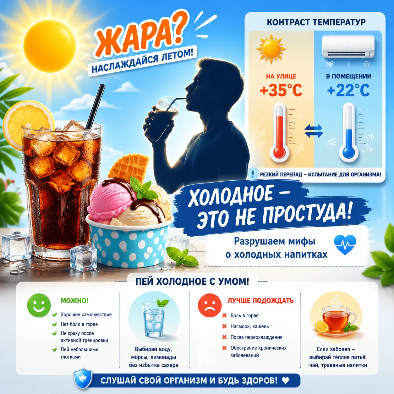 Холодное летом — убьёт горло или спасёт от жары? Разрушаем сезонный миф 🍦🌞