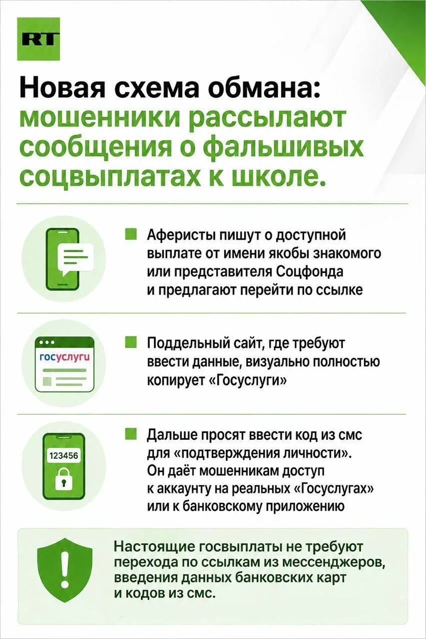 Мошенники рассылают сообщения о фальшивых соцвыплатах к школе. Используют сайт, похожий...