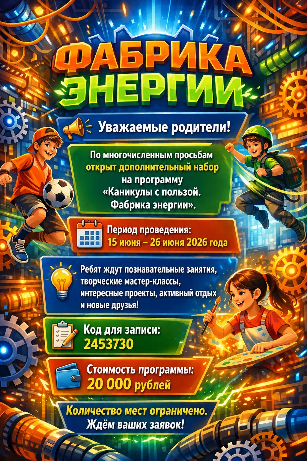 📢 Уважаемые родители!

По многочисленным просьбам открыт дополнительный набор на программу «Каникул