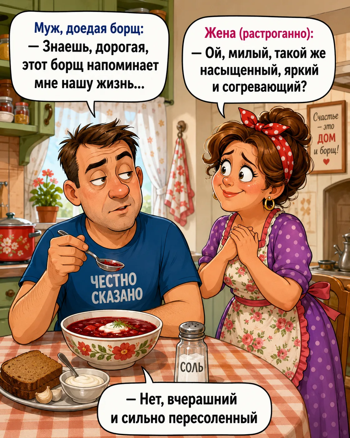 Муж, доедая борщ: — Знаешь, дорогая, этот борщ напоминает мне нашу жизнь... Жена (растроганно): — Ой