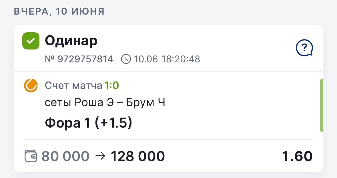 УВЕРЕННЫЙ ЗАХОД БЕСПЛАТНОГО ПРОГНОЗА С КФ 1.60 ✅

Мой прогноз — победа Рошы с форой по сетам (+1.5) 