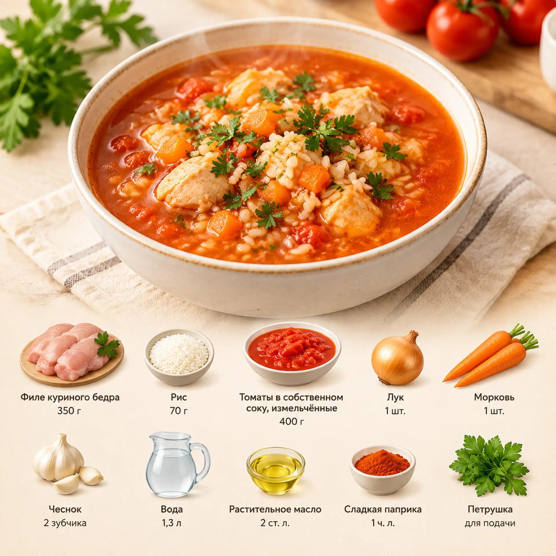 Томатный суп с рисом и курицей 🤤