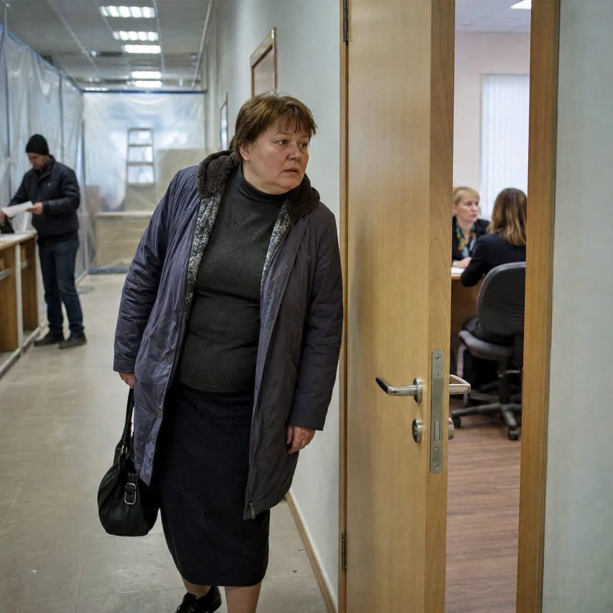Она пришла в банк за справкой, но из-за ремонта её провели по служебному коридору. Проходя мимо прио