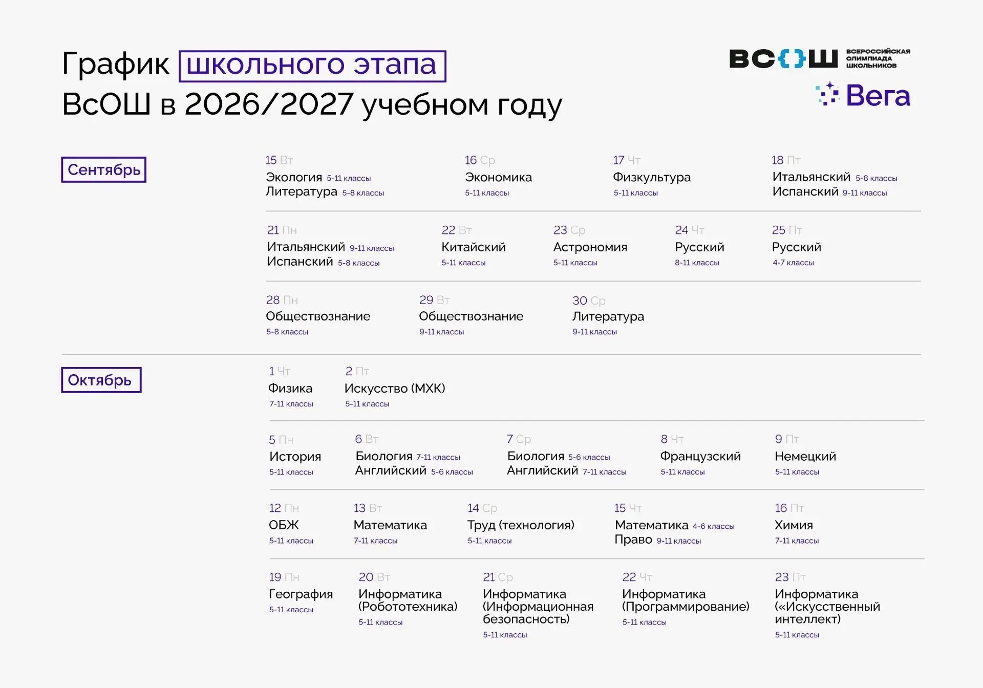 ВсОШ снова с нами: расписание опубликовано