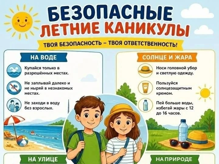 ☀️ ЛЕТНЯЯ ЖАРА И ВОДА: ПАМЯТКА ПО БЕЗОПАСНОСТИ 🏊‍♂️Друзья, на календаре июль, а это значит, что сто