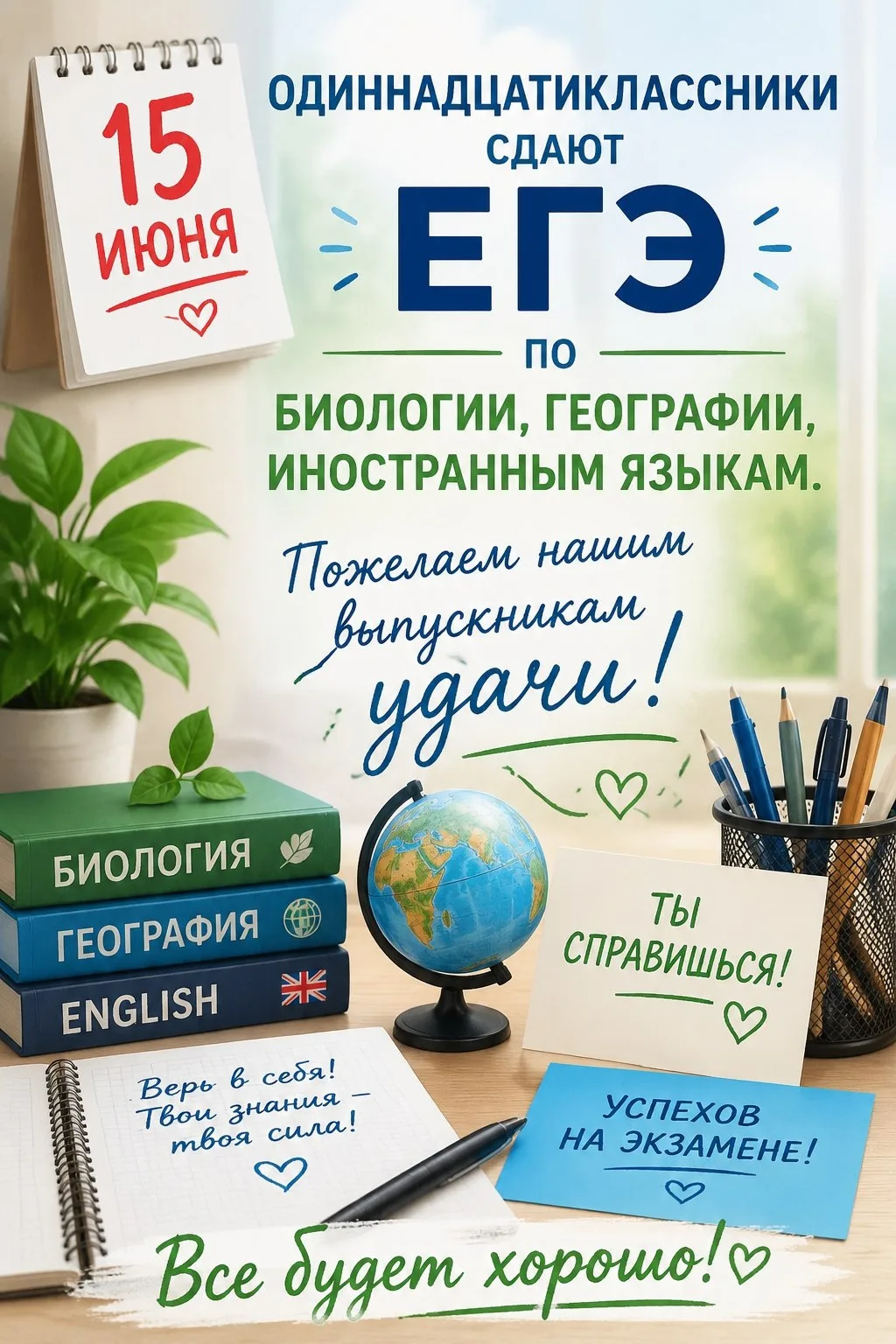 Сегодня наши одиннадцатиклассники сдают ЕГЭ по биологии, географии , английскому языку.

Верьте в св