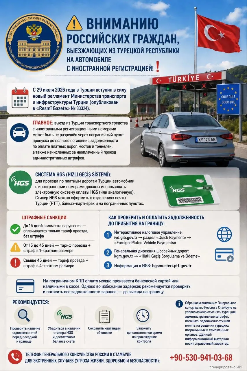 🇹🇷🚗 Генеральное консульство России в Стамбуле подготовило памятку для автомобилистов...