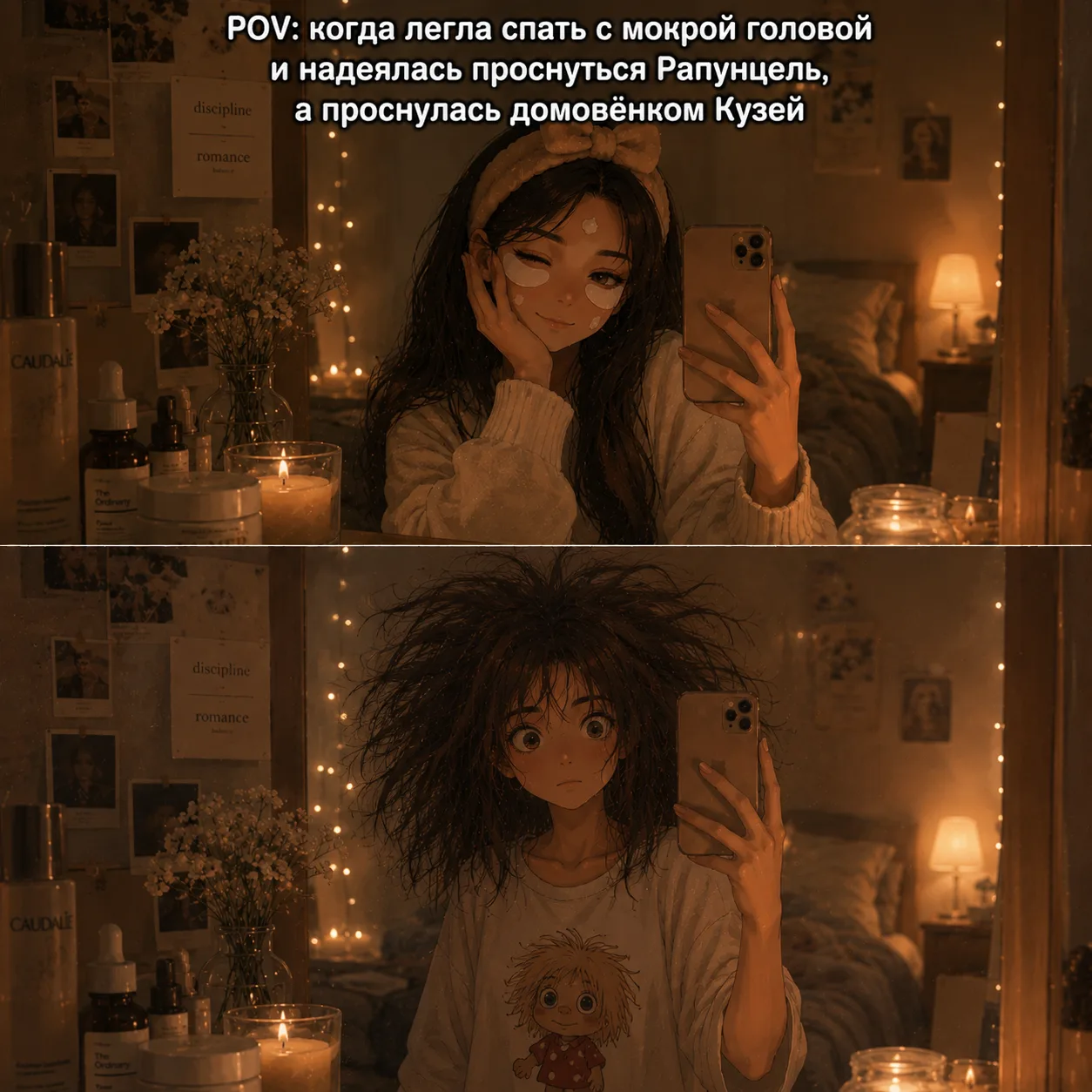 Всегда суши волосы 💨

Ведь иначе: 

⭐️ Рискуешь простудиться: мокрая кожа головы сильно боится скво