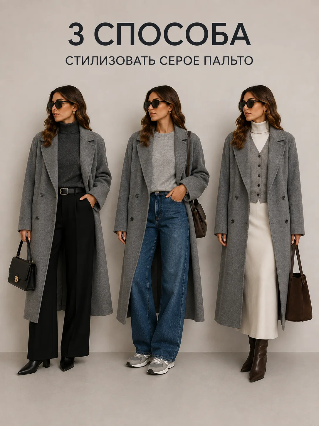 3 СПОСОБА СТИЛИЗОВАТЬ СЕРОЕ ПАЛЬТО