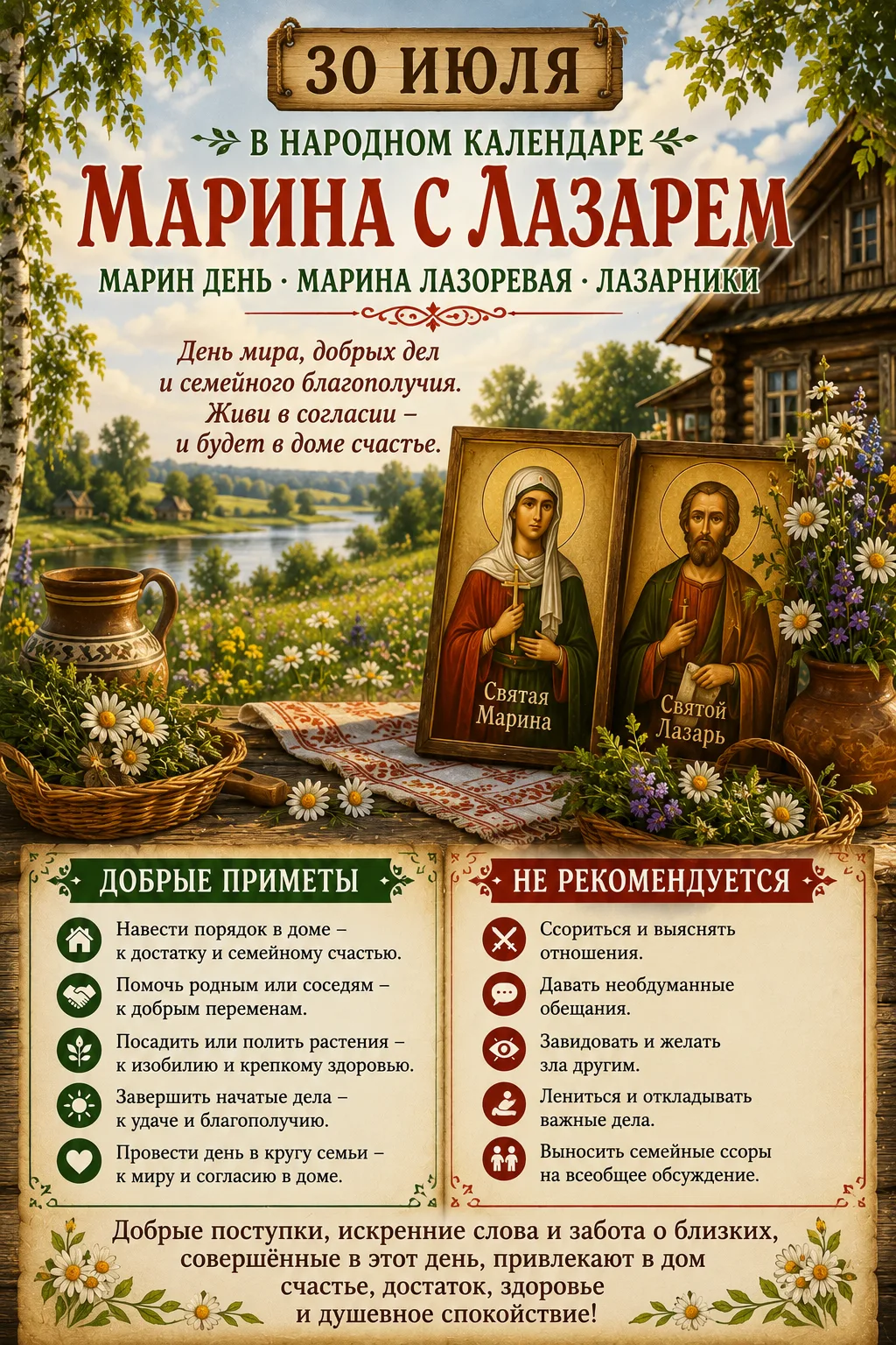 🌿 Народные приметы на 30 июля — Марина с Лазарем 🌿

30 июля в народном календаре отмечают день Мар
