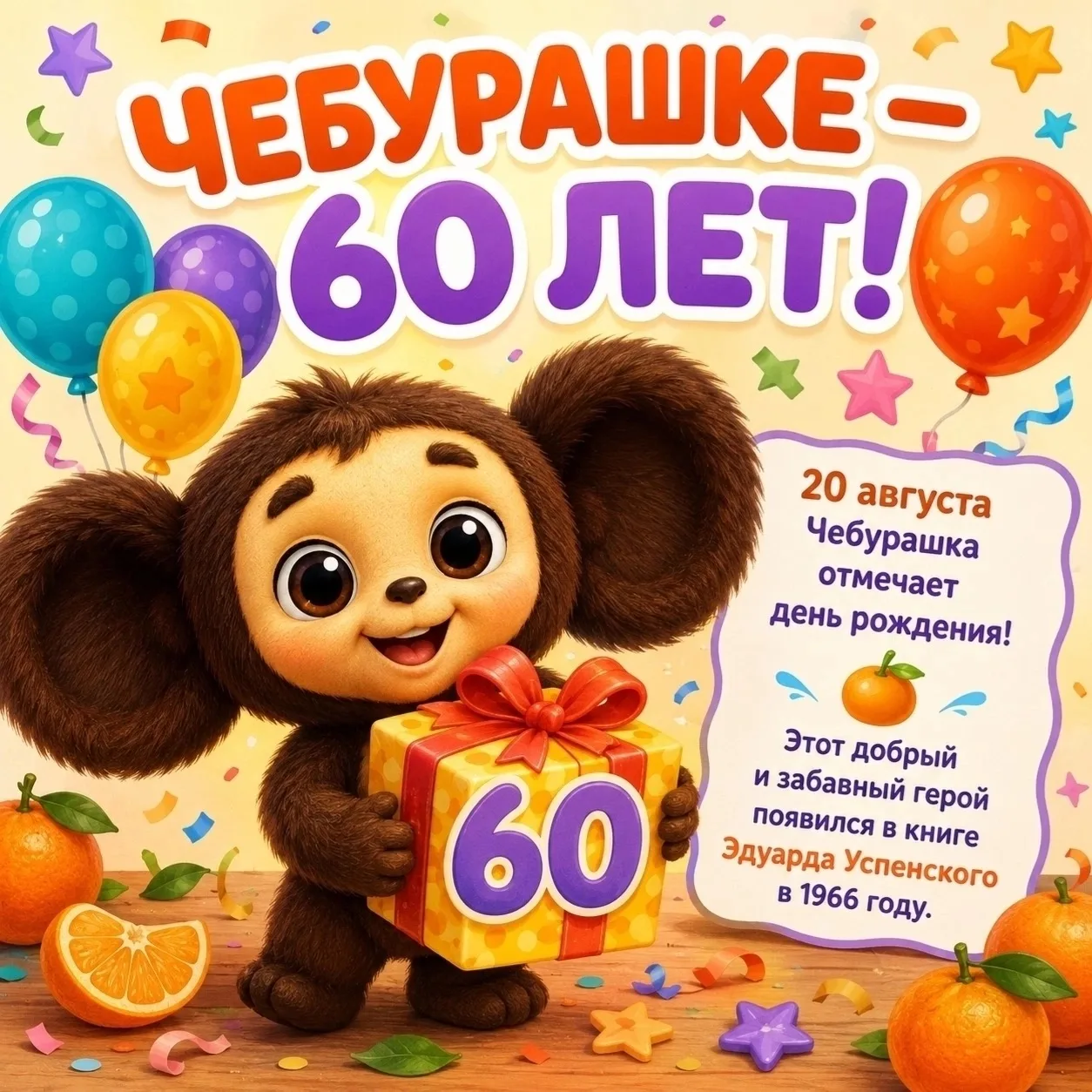 🎂 20 августа Чебурашке исполнилось 6️⃣0️⃣ лет!
