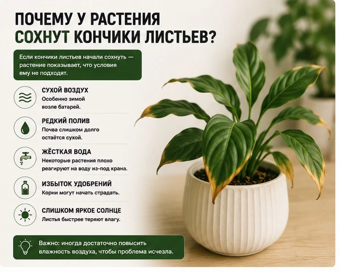 Почему у растения сохнут кончики листьев

Если кончики листьев начали сохнуть — растение показывает,