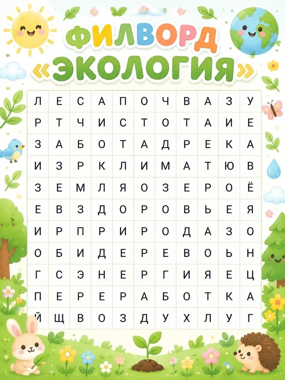 Найди все спрятанные слова!

Перед вами филворд на экологическую тему — отличная возможность провест