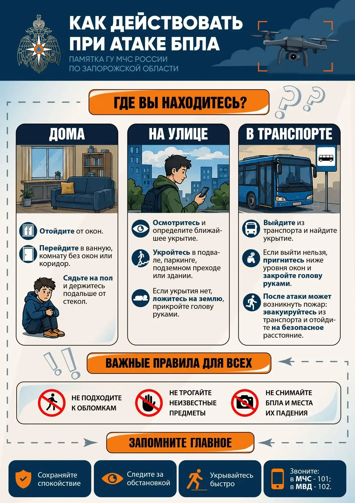 🇷🇺Как действовать при атаке БПЛА

Изучи памятку МЧС России по Запорожской области.

Важные правила