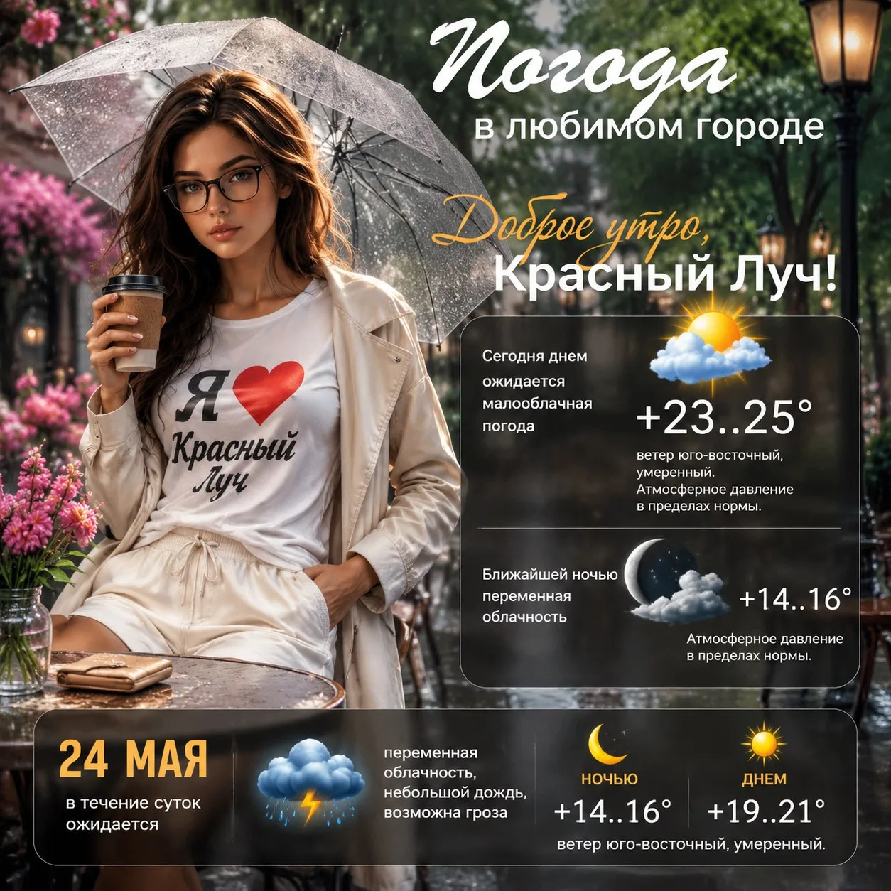 Доброе утро, любимый Красный Луч! 🌤️  Сегодня днем — малооблачно и по-настоящему тепло: +23…25°. Вет