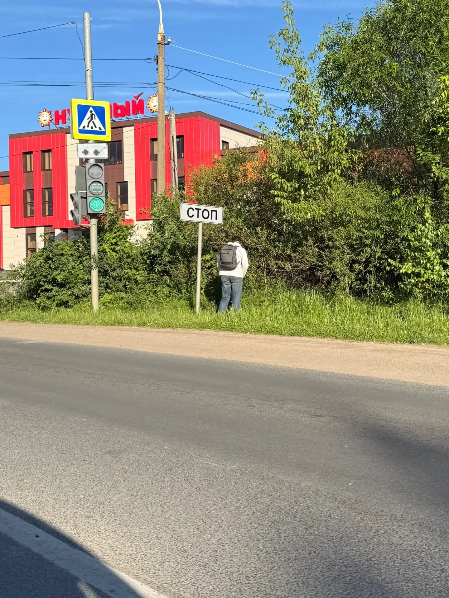 Нет ну бывает приспичило, но не прямо по среди дороги то, ну что за стыд то. Взрослый же мужик 😡 
 