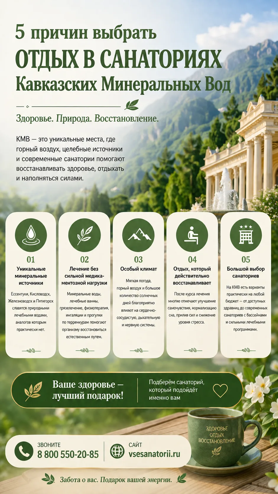 🌿 5 причин выбрать отдых в санаториях Кавказских Минеральных Вод хотя бы один раз
