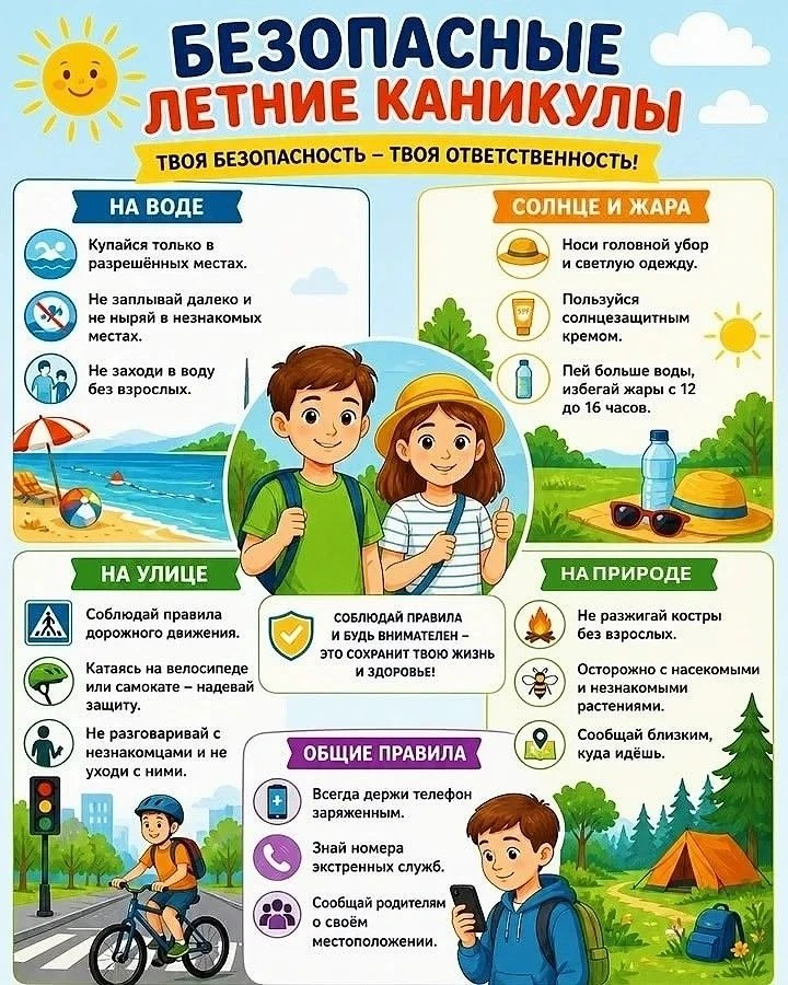 «Безопасность детства – 2026: главные правила для безопасного лета» 🛡️ ☀️ 

С 1 июня по 31 августа 