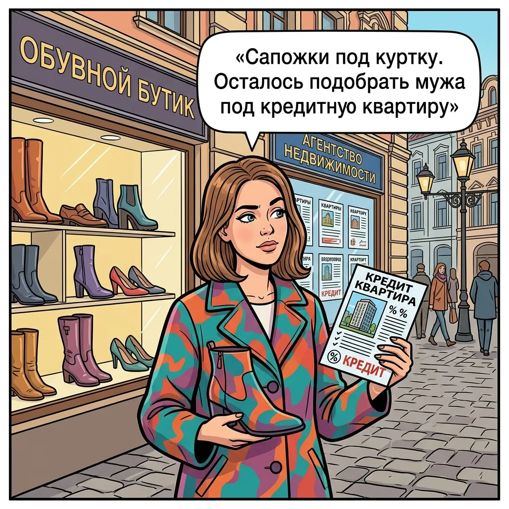 — Я уже подобрала сапожки под цвет куртки. Осталось подобрать мужа под стоимость кредитной квартиры.