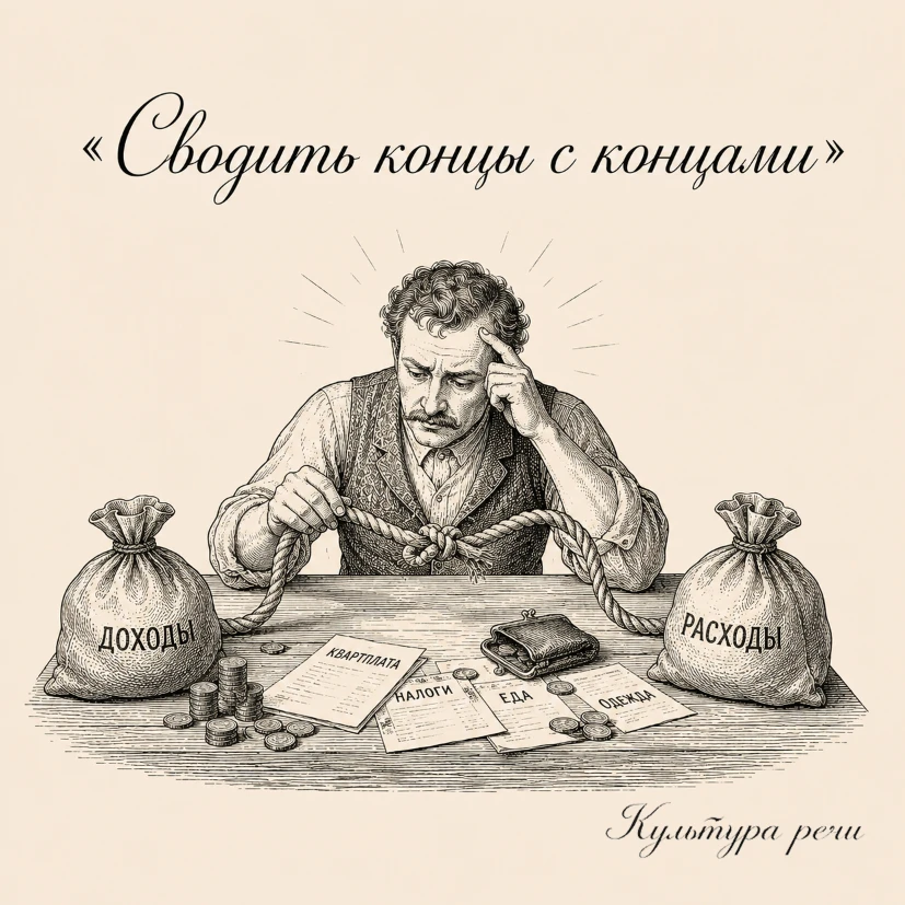 Сводить концы с концами

Так говорят о человеке, которому с трудом хватает денег на жизнь и самые не