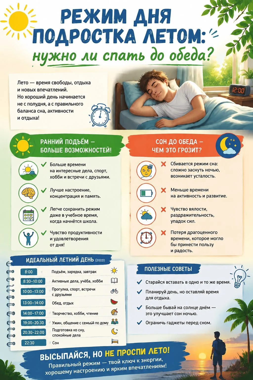 Режим дня подростка летом: нужно ли спать до обеда? 😴⏰