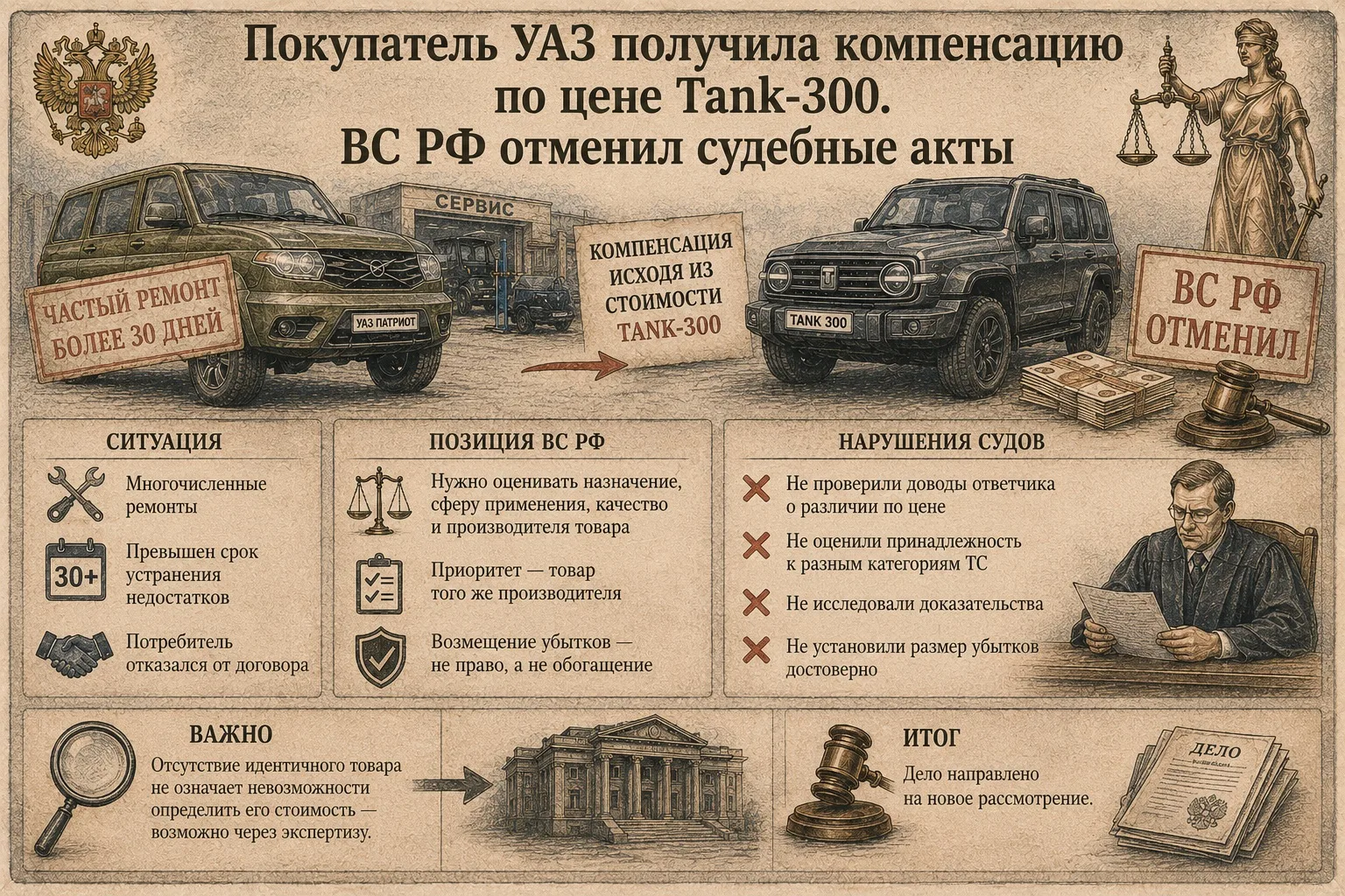 Покупатель УАЗ получила компенсацию, рассчитанную исходя из стоимости Tank-300. ВС РФ о...