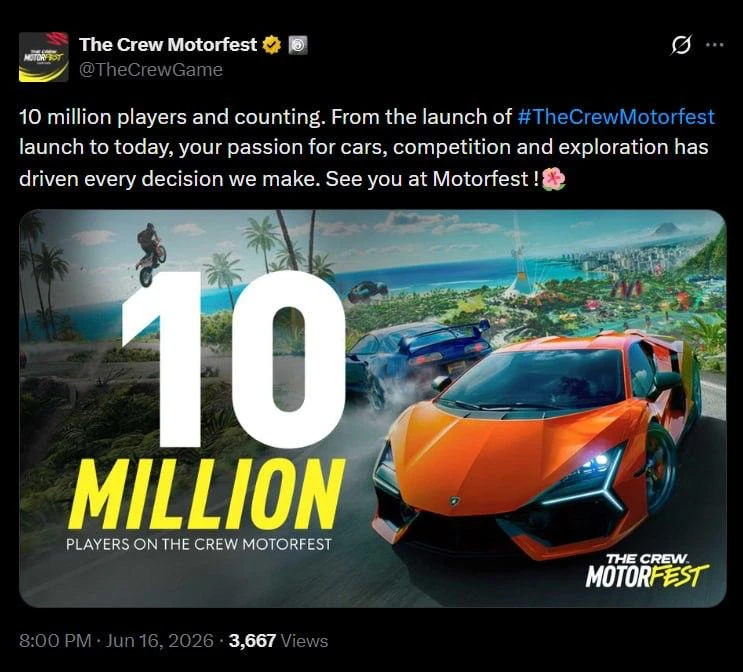 С момента релиза The Crew Motorfest в проект сыграло более 10 млн игроков

Об этой отметке сообщили 
