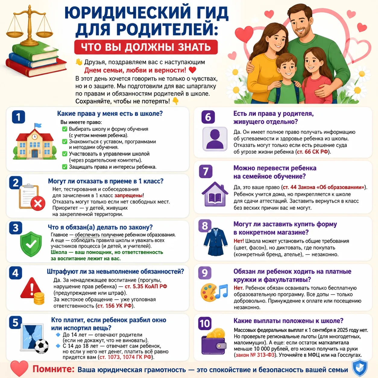 📚 ЮРИДИЧЕСКИЙ ГИД ДЛЯ РОДИТЕЛЕЙ 
 
👋 Уважаемые родители! В преддверии Дня семьи, любви и верности 