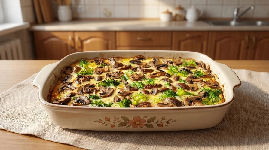 Утренняя запеканка с брокколи и грибами
— Лёгкая, полезная запеканка с брокколи, грибами и яйцом.
~2