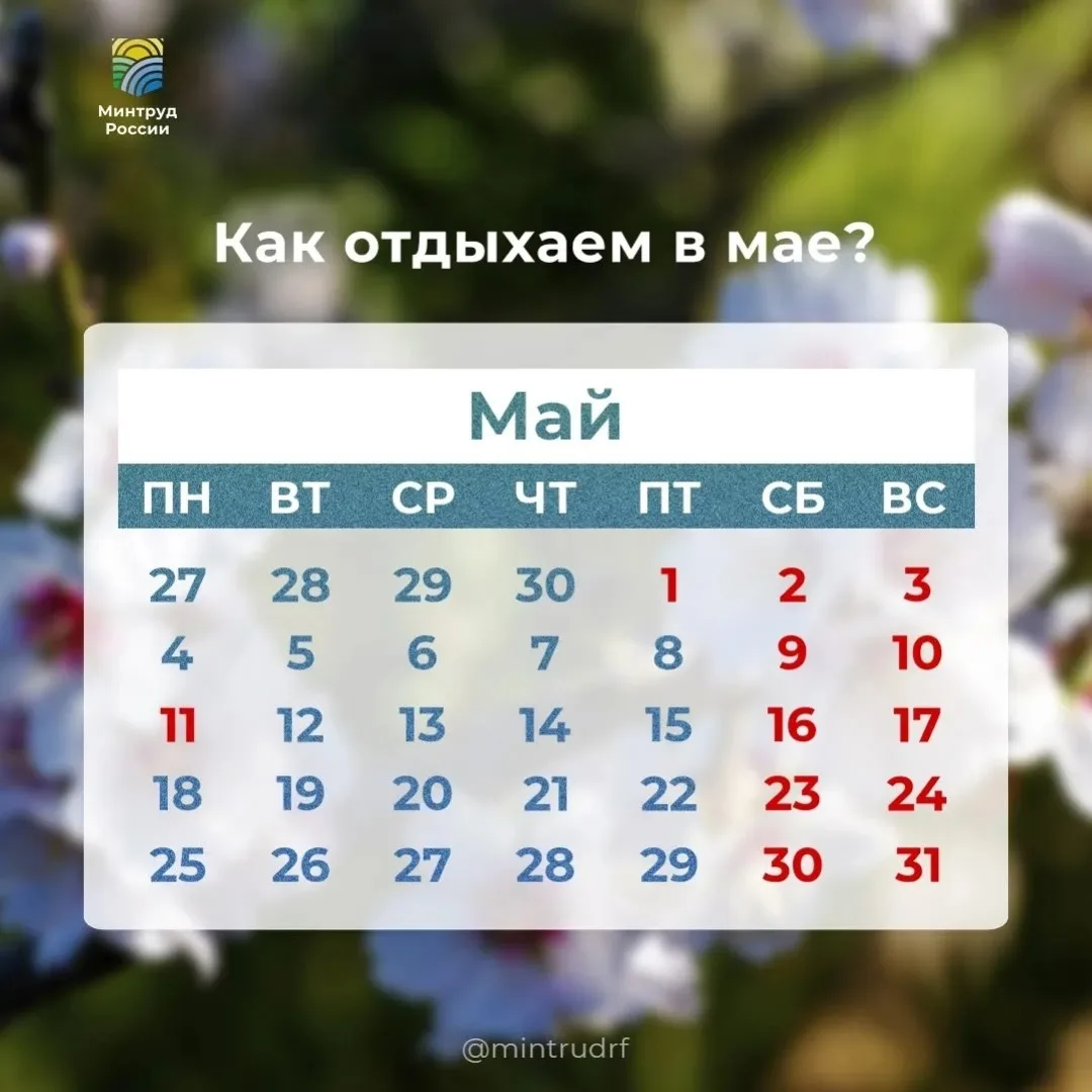 В мае 2026 года россияне будут отдыхать шесть дней. Выходные дни будут с 1 по 3 мая (с ...