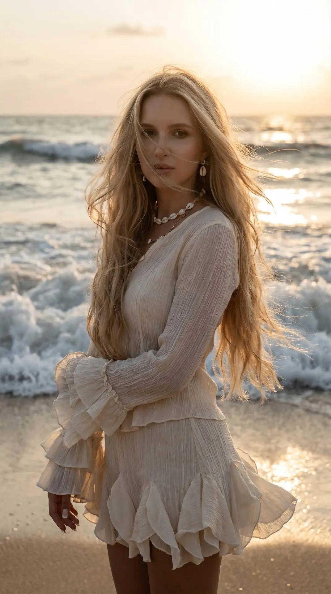 Не меняй черты лица Ultra-realistic, 8K. Ultra-realistic cinematic beach portrait. COMPOSITION:  — к