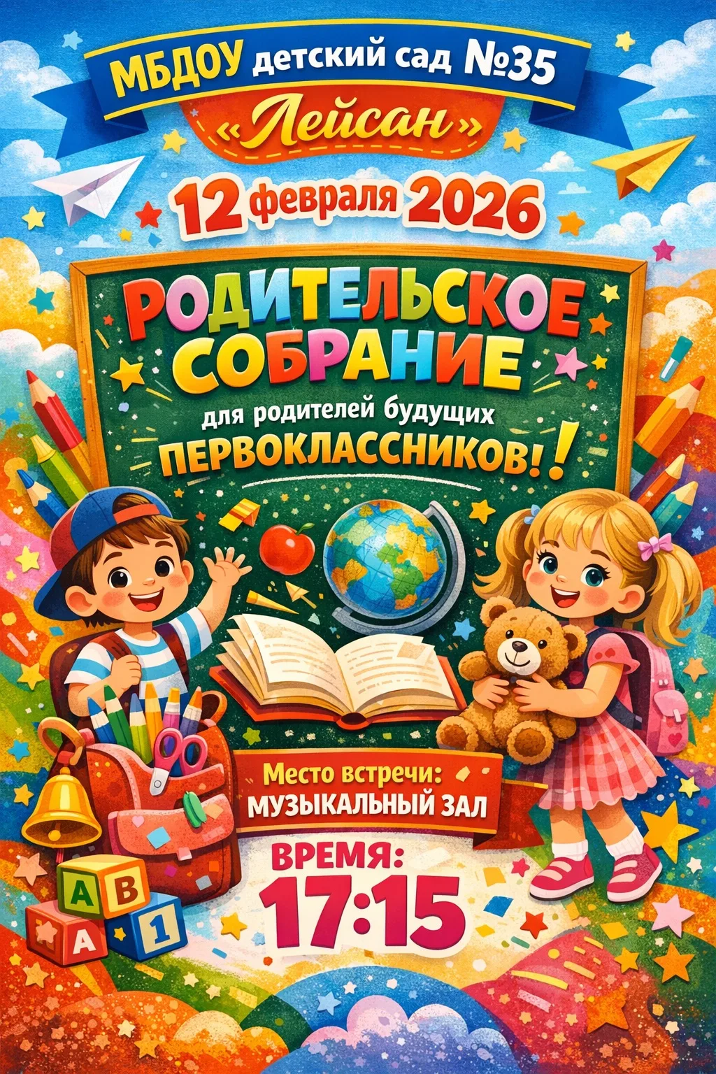 Уважаемые родители выпускных групп! 
12.02.26 в нашем детском саду пройдет встреча с учителями начал