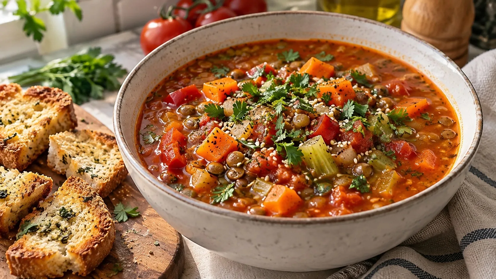 🔥Овощной суп с красной чечевицей и чесночными сухариками