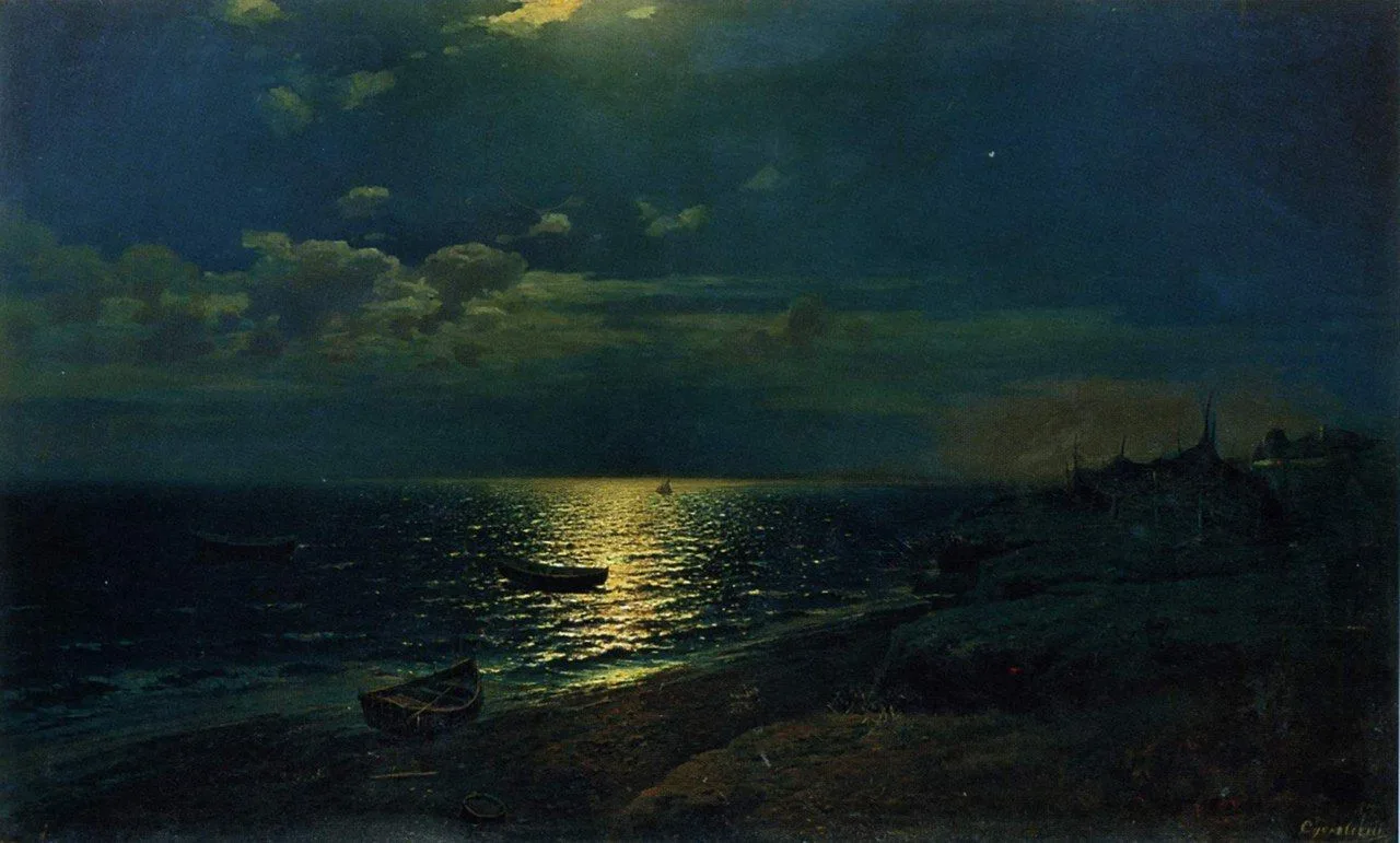 «Лунная ночь на море», 1879.
Холст, масло, 96 х 159 см

— Судковский Руфин Гаврилович,
(1850–1885)

