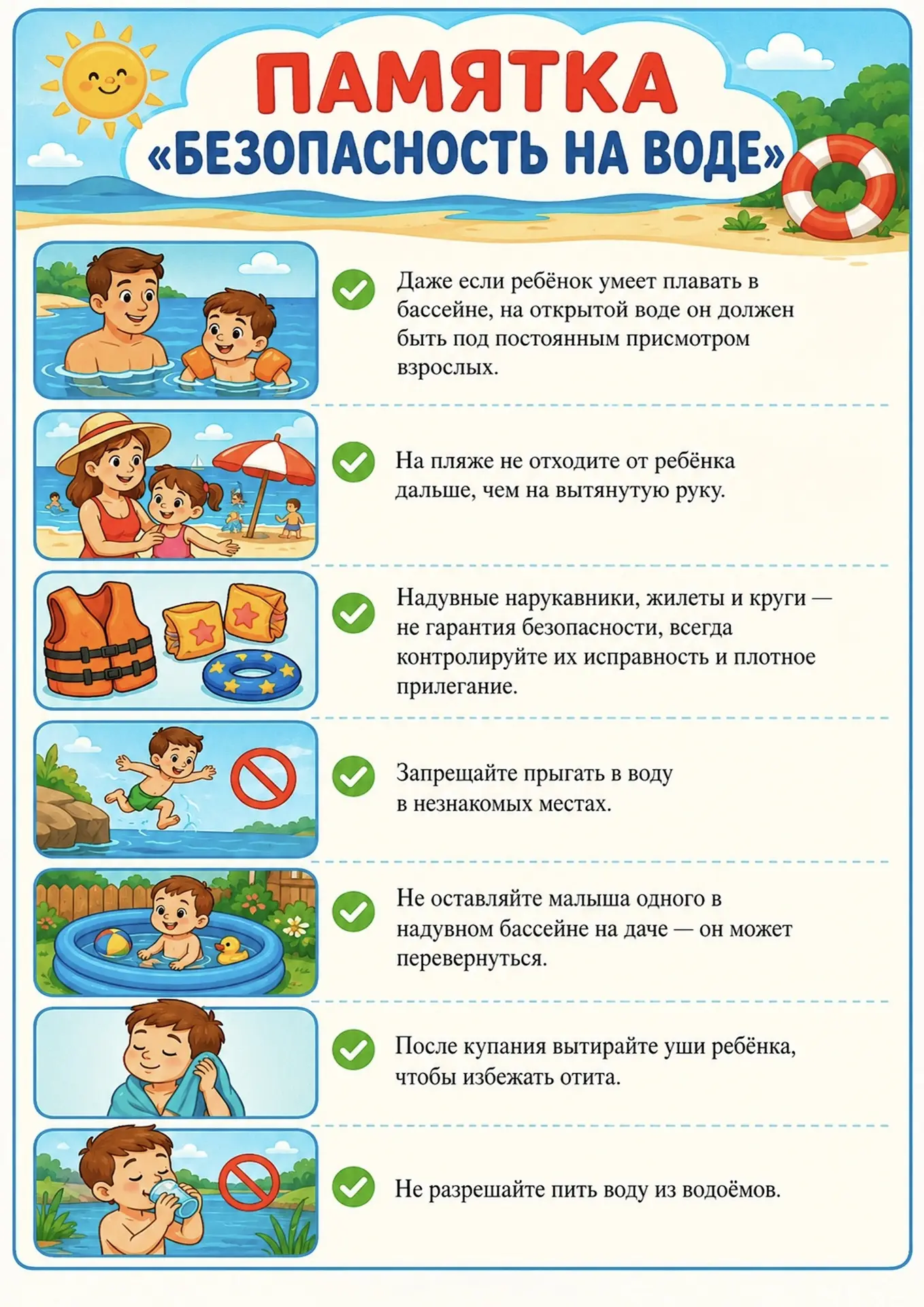 Главное правило безопасности — никогда не оставлять детей без присмотра у водоема. За малышами нужен