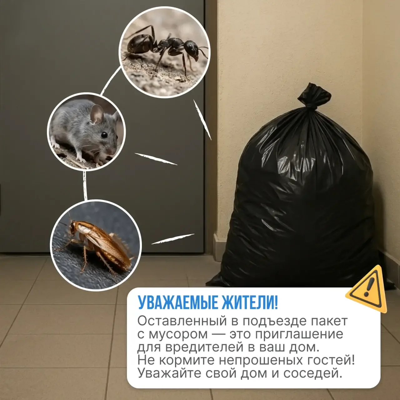 📝Уважаемые жители! Напоминаем, что нельзя оставлять мусор в местах общего пользования ...