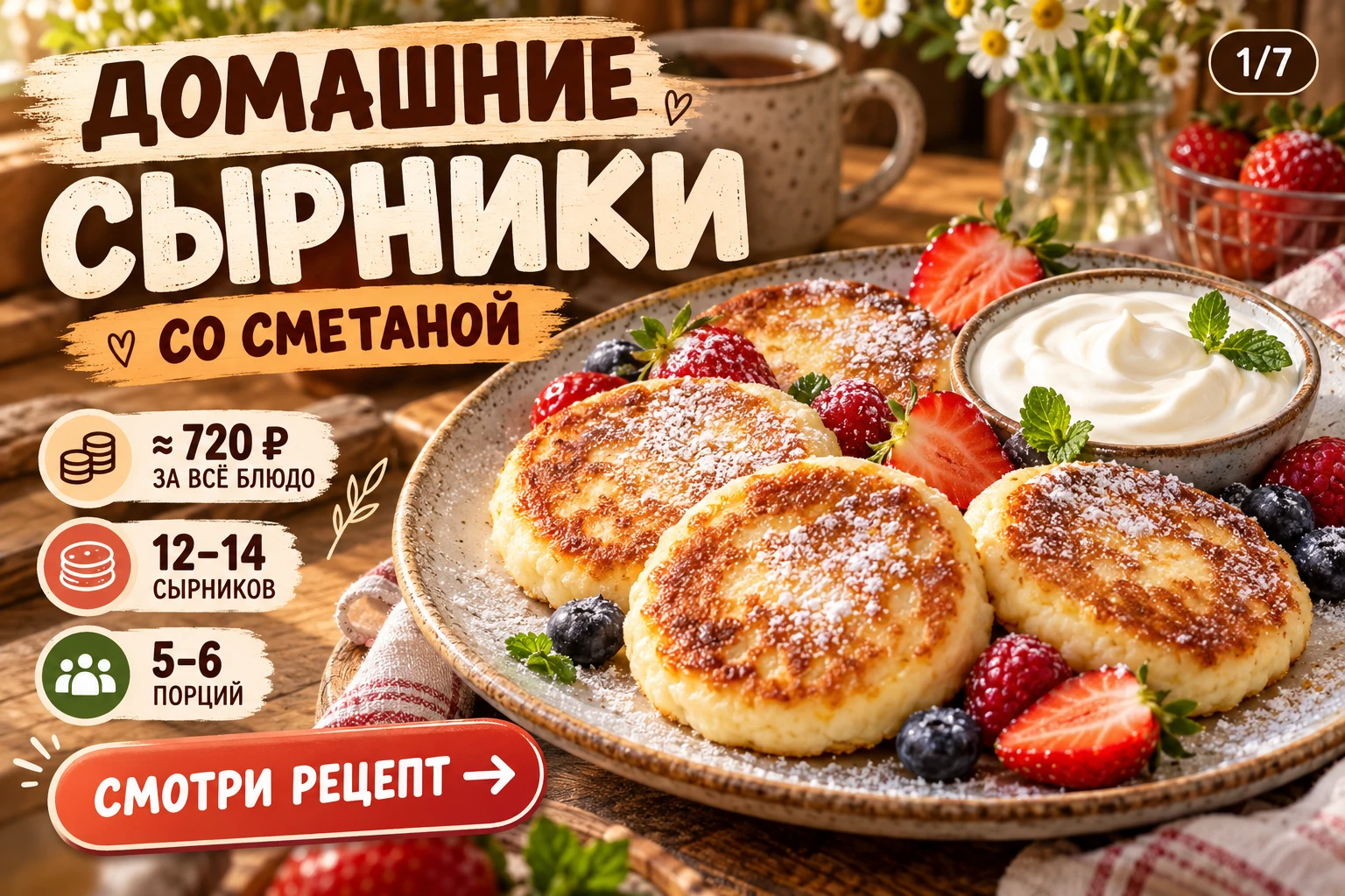 🥞 **ДОМАШНИЕ СЫРНИКИ СО СМЕТАНОЙ — ≈ 720 ₽ ЗА ВСЁ БЛЮДО**