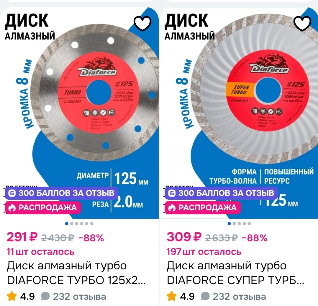 Диск алмазный турбо DIAFORCE ТУРБО 125х22,23х8х2,0 мм сухой рез для болгарки по бетону